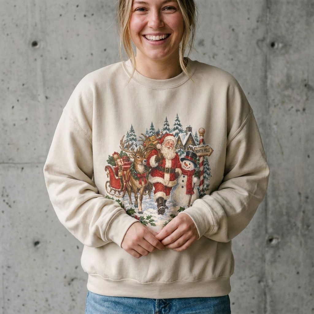 Woman wearing the Santa and Snowman vintage Christmas sweatshirt against a cement wall