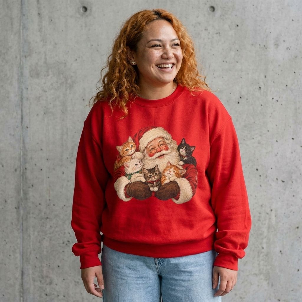 Woman wearing the Santa and Cats Christmas sweatshirt against a cement wall