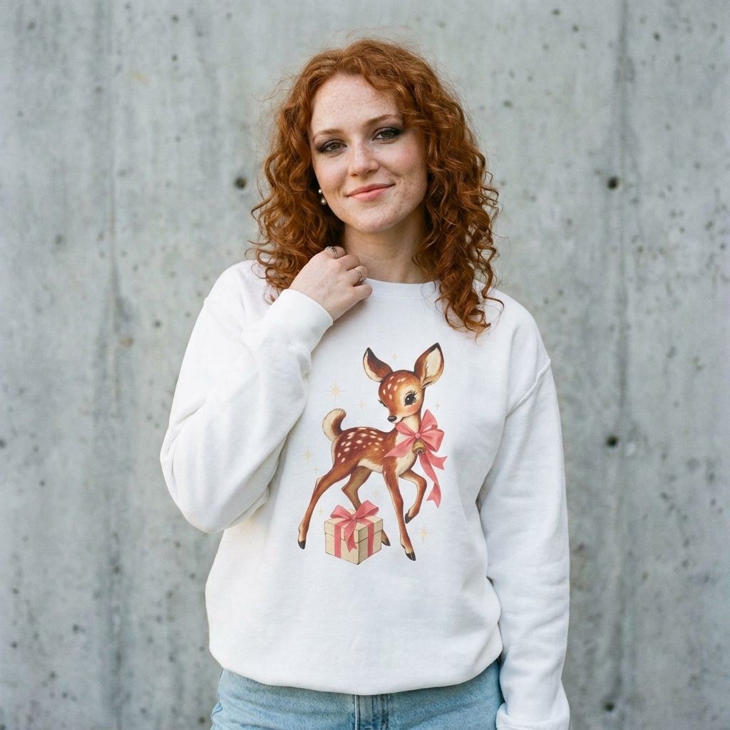 Woman wearing the Christmas Fawn with Gifts woodland sweatshirt against a cement wall
