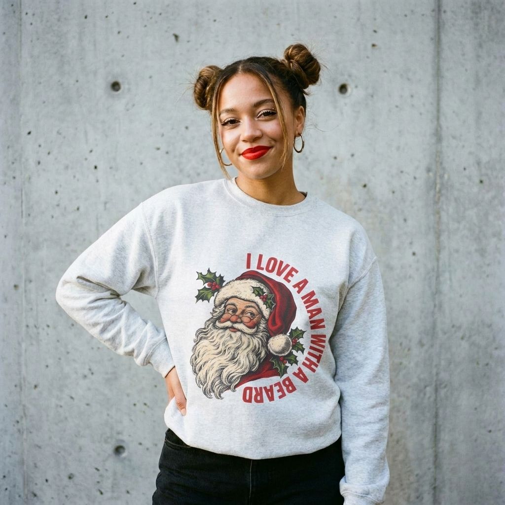 Woman wearing the I Love a Man with a Beard Santa Christmas sweatshirt against a cement wall