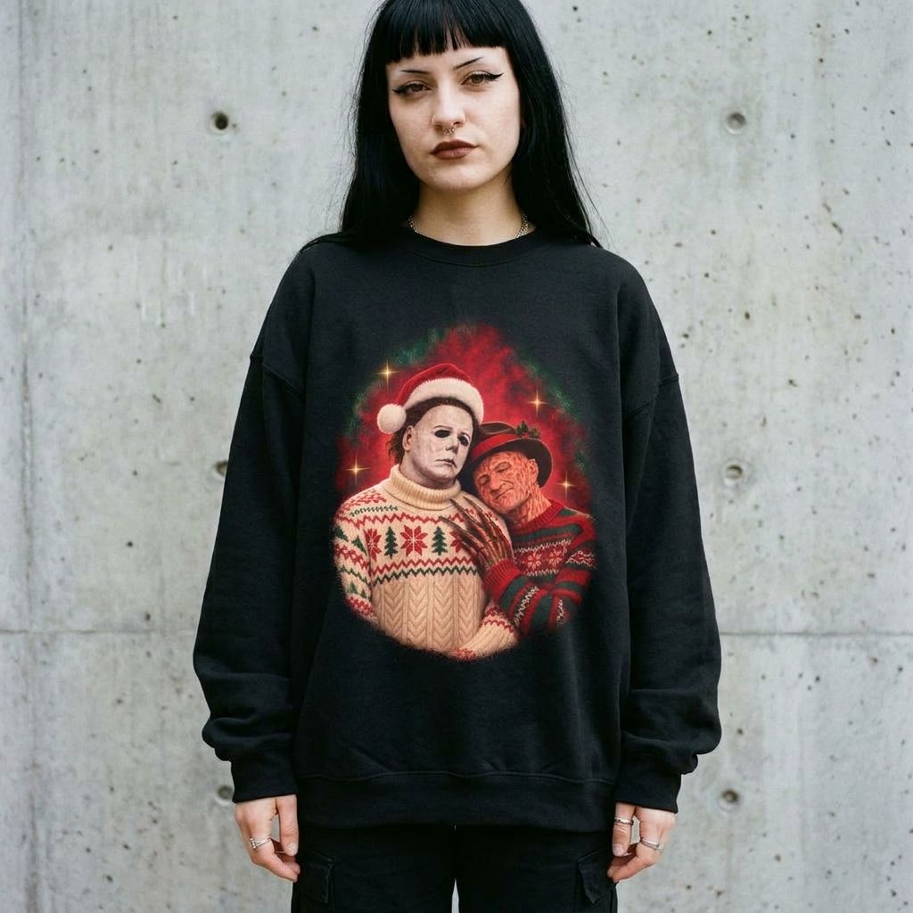 Woman wearing the Freddy and Michael 80s glamour portrait horror Christmas sweatshirt against a cement wall