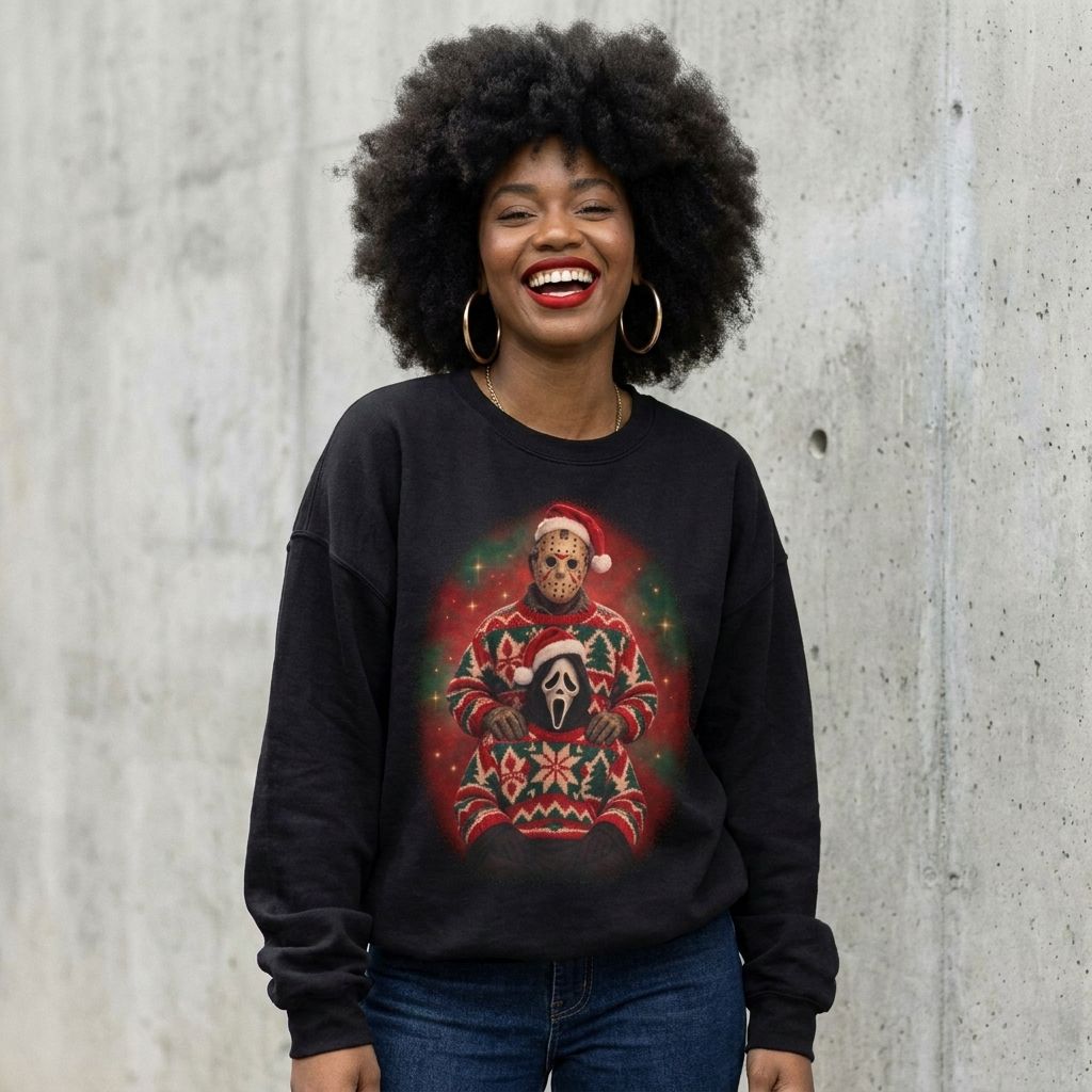 Woman wearing the Ghostface and Jason 80s glamour portrait horror Christmas sweatshirt against a cement wall