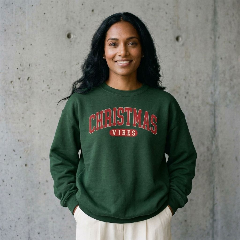 Woman wearing the Christmas Vibes vintage collegiate sweatshirt against a cement wall