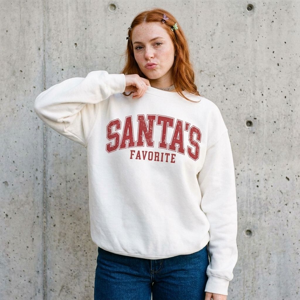 Woman wearing the Santa's Favorite varsity Christmas sweatshirt against a cement wall
