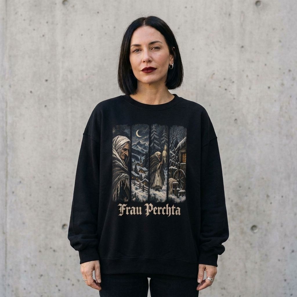 Woman wearing the Frau Perchta Christmas sweatshirt against a cement wall