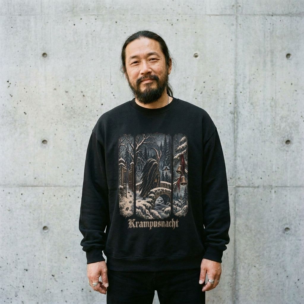Man wearing the Krampusnacht winter forest sweatshirt against a cement wall