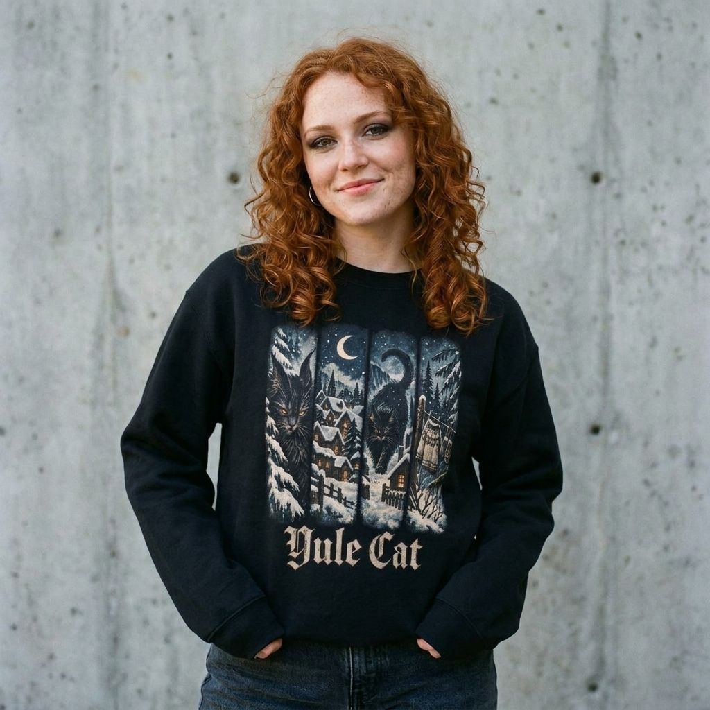 Woman wearing the Yule Cat Christmas sweatshirt against a cement wall