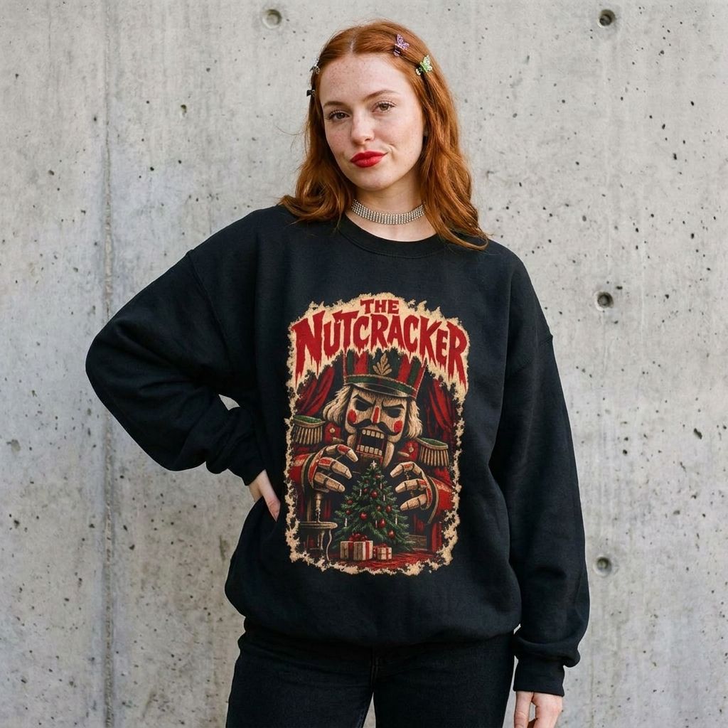 Woman wearing The Nutcracker horror movie poster Christmas sweatshirt against a cement wall