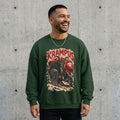 Man wearing the Krampus horror movie poster Christmas sweatshirt against a cement wall