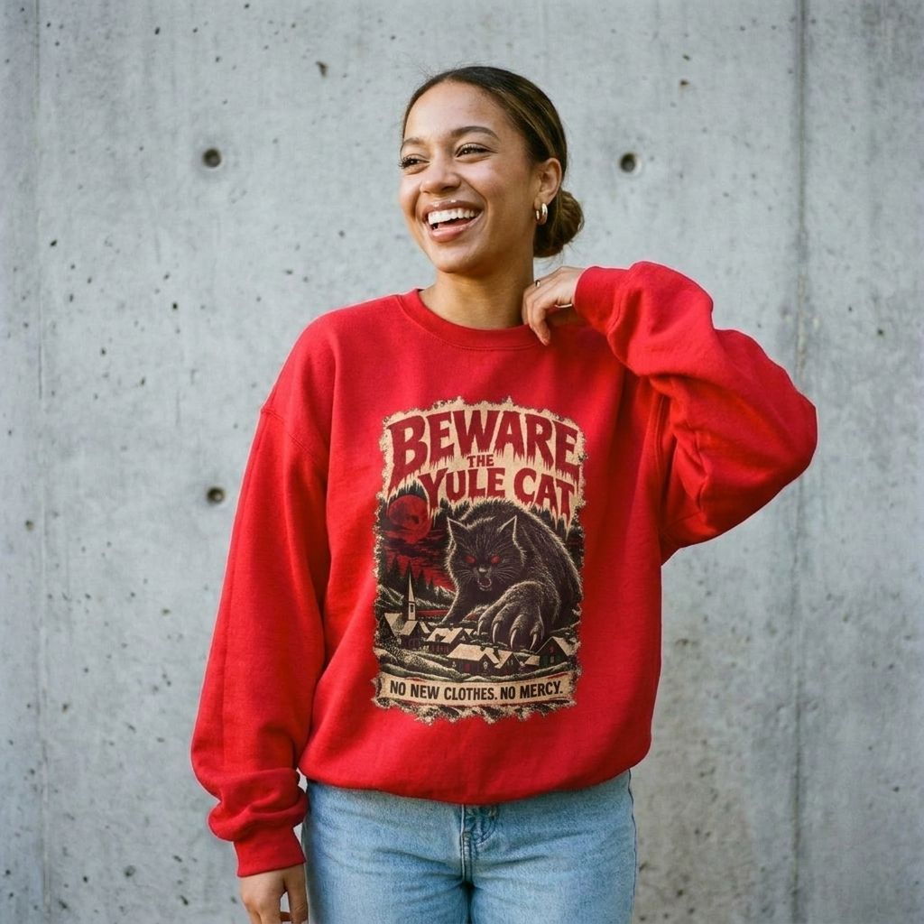Woman wearing the Beware the Yule Cat horror poster Christmas sweatshirt against a cement wall