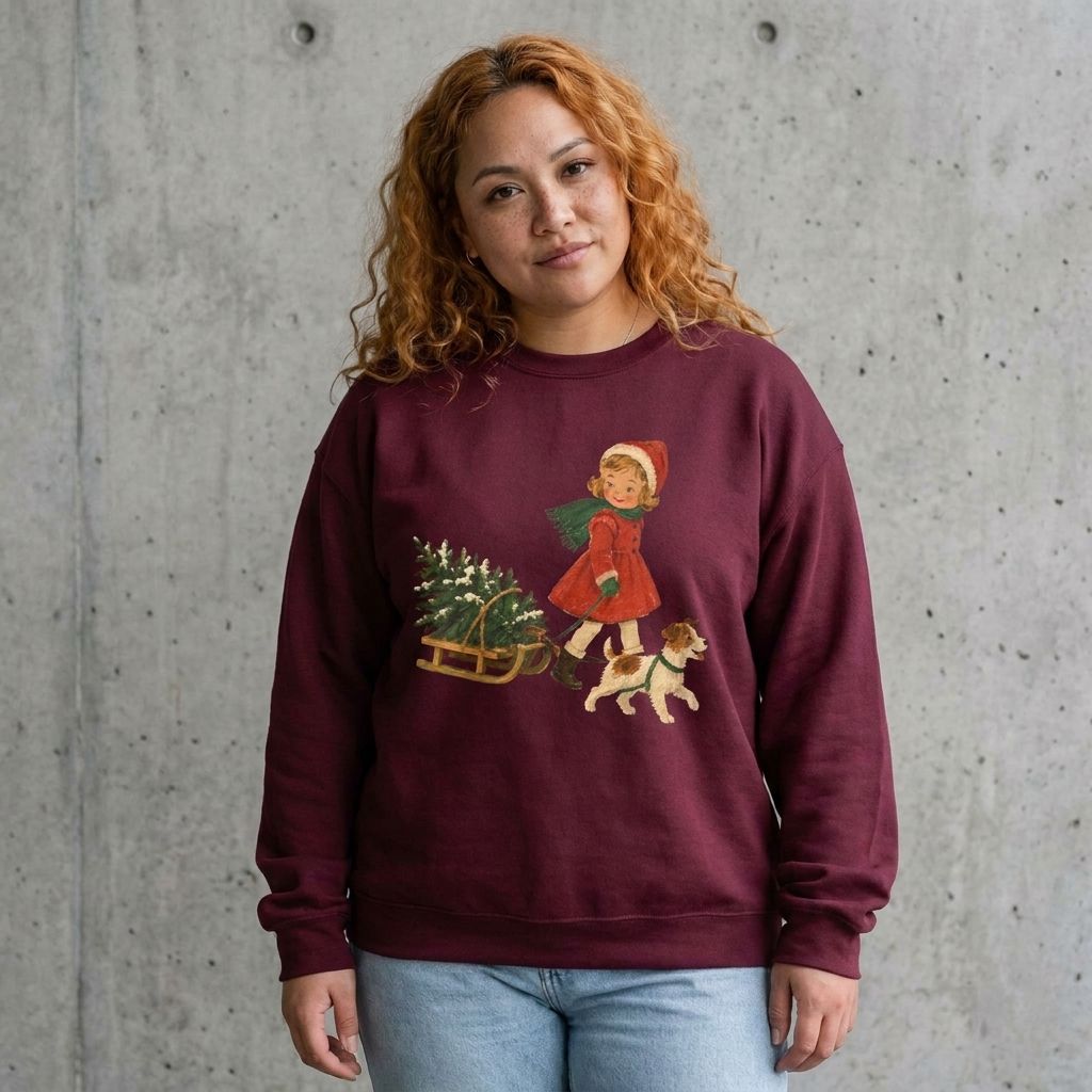 Woman wearing the vintage Christmas girl and puppy sweatshirt against a cement wall