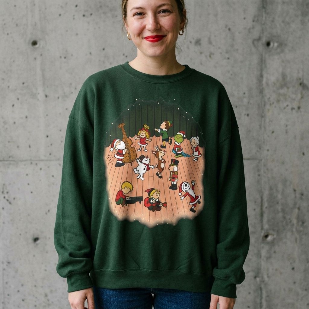 Woman wearing the Peanuts parody Christmas characters sweatshirt against a cement wall