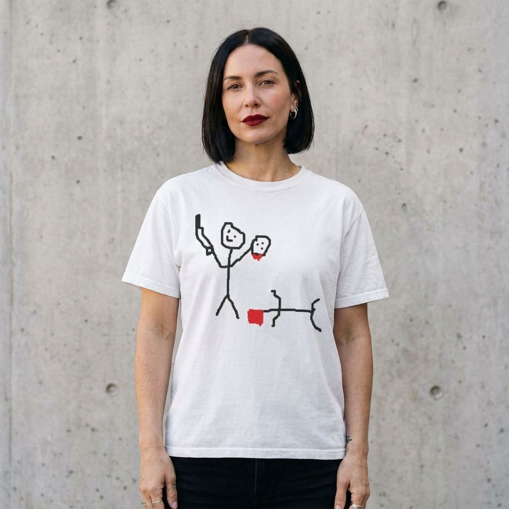 Woman wearing the Stick Figure Murder dark humor t-shirt against a cement wall