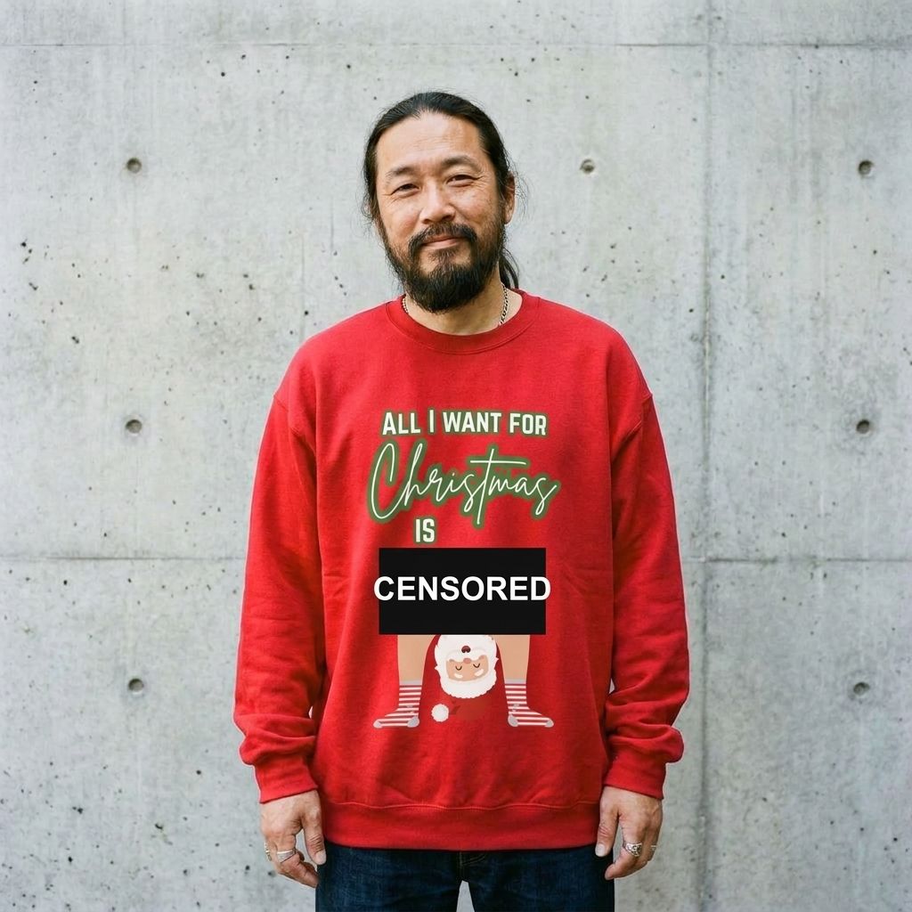 Man wearing the All I Want for Christmas Is You Santa couples sweatshirt against a cement wall
