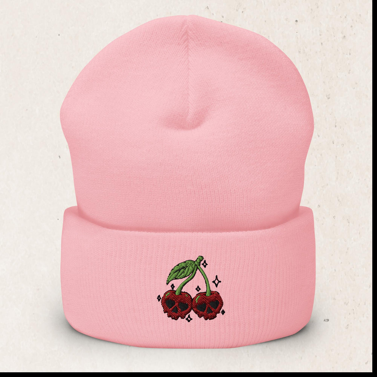 Cherry Skulls Cuffed Beanie – Gothic Knit Hat – Baby Pink