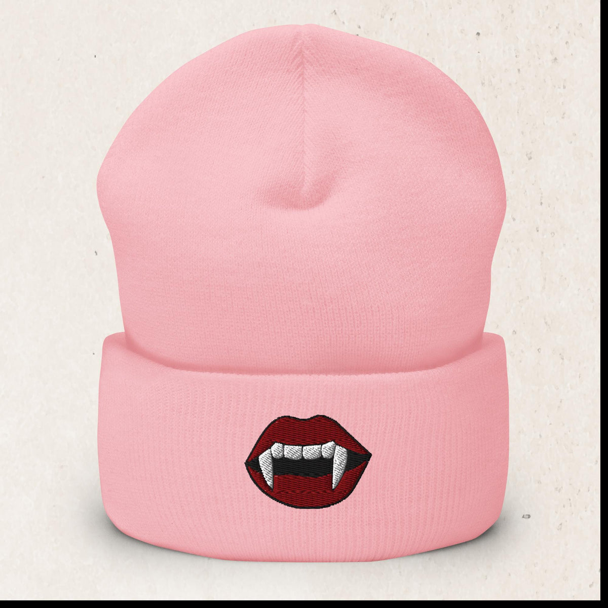 Vampire Fangs Embroidered Beanie – Baby Pink