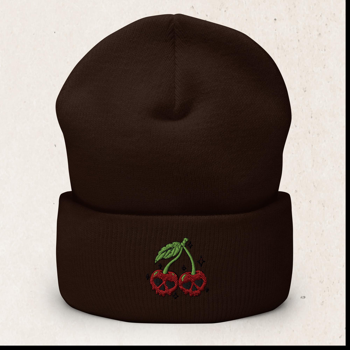 Cherry Skulls Cuffed Beanie – Gothic Knit Hat – Brown