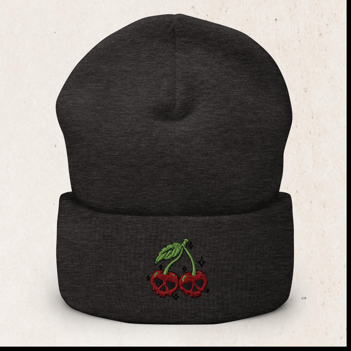 Cherry Skulls Cuffed Beanie – Gothic Knit Hat – Dark Grey