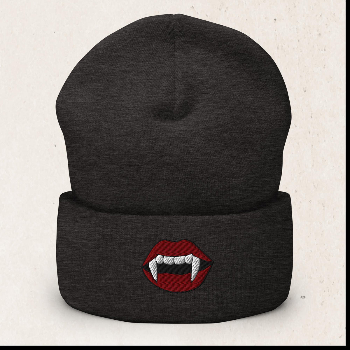 Vampire Fangs Embroidered Beanie – Dark Grey