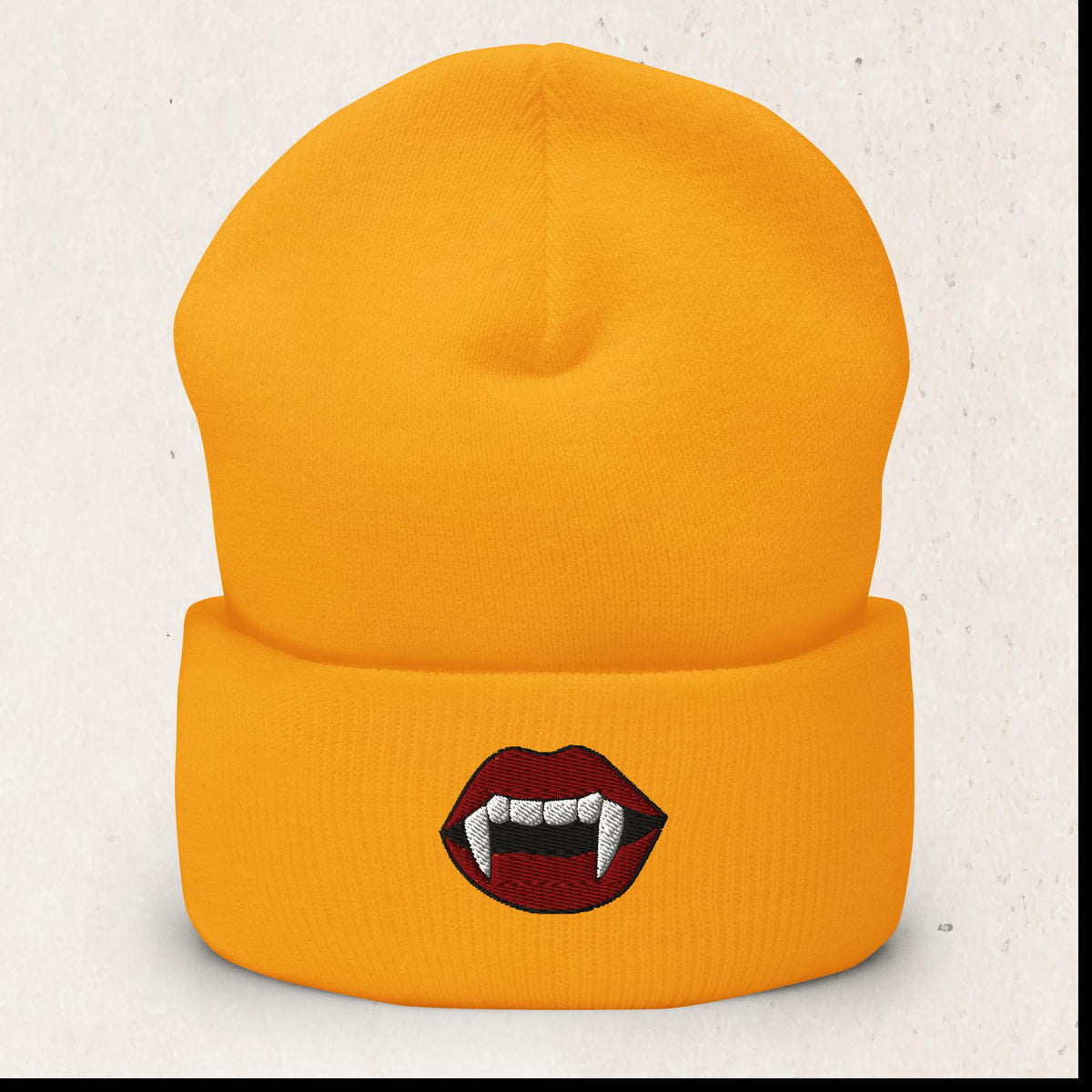 Vampire Fangs Embroidered Beanie – Gold