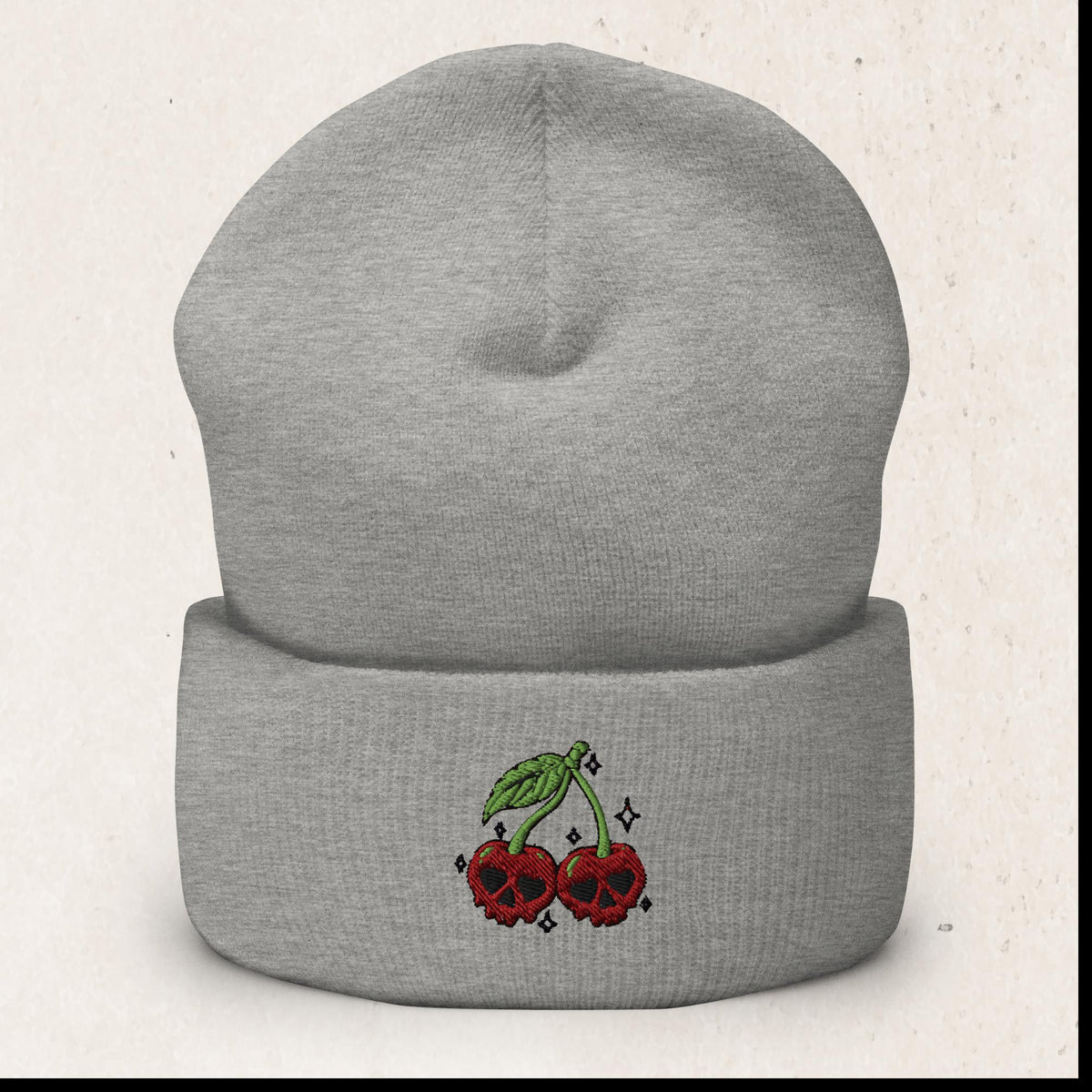 Cherry Skulls Cuffed Beanie – Gothic Knit Hat – Heather Grey
