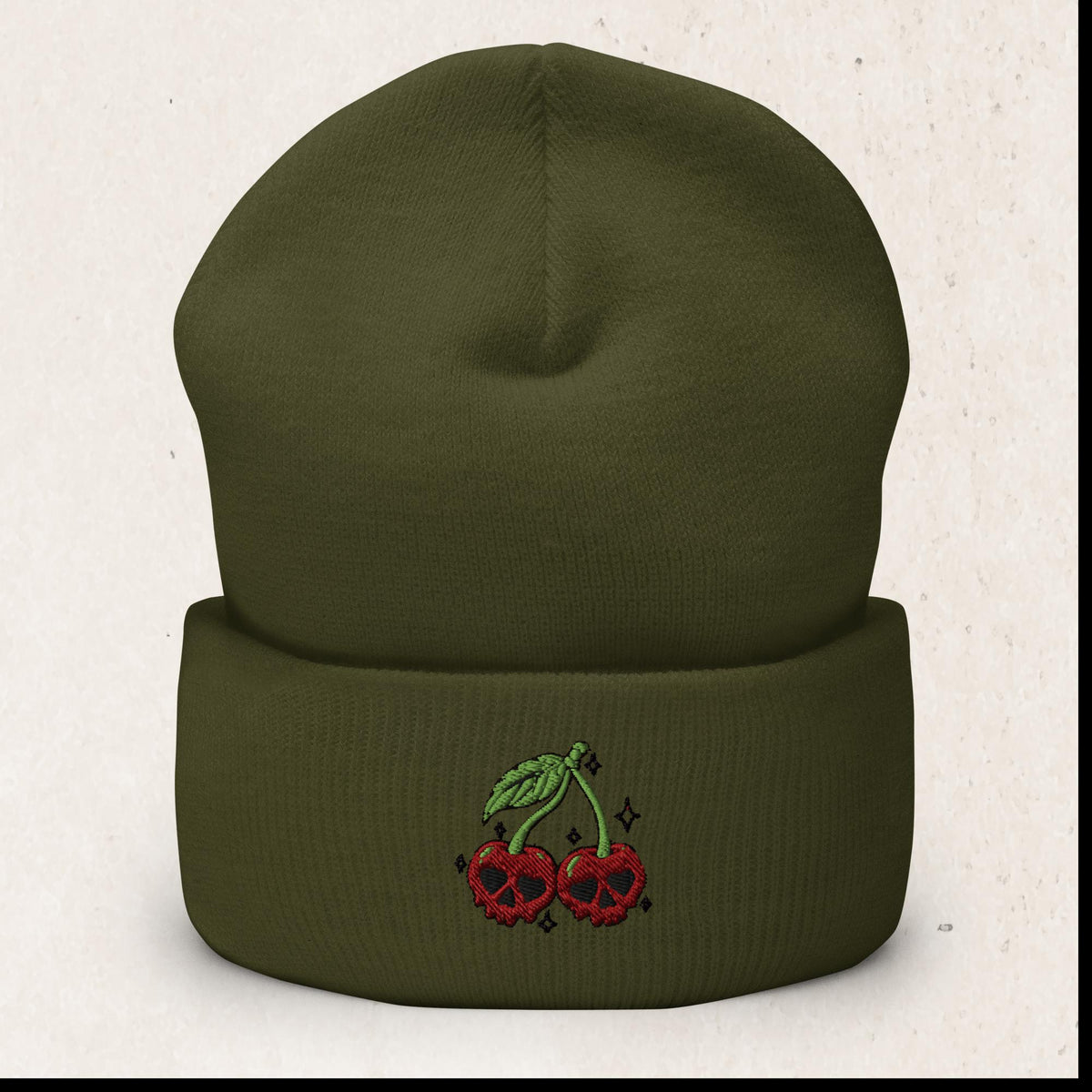 Cherry Skulls Cuffed Beanie – Gothic Knit Hat – Olive