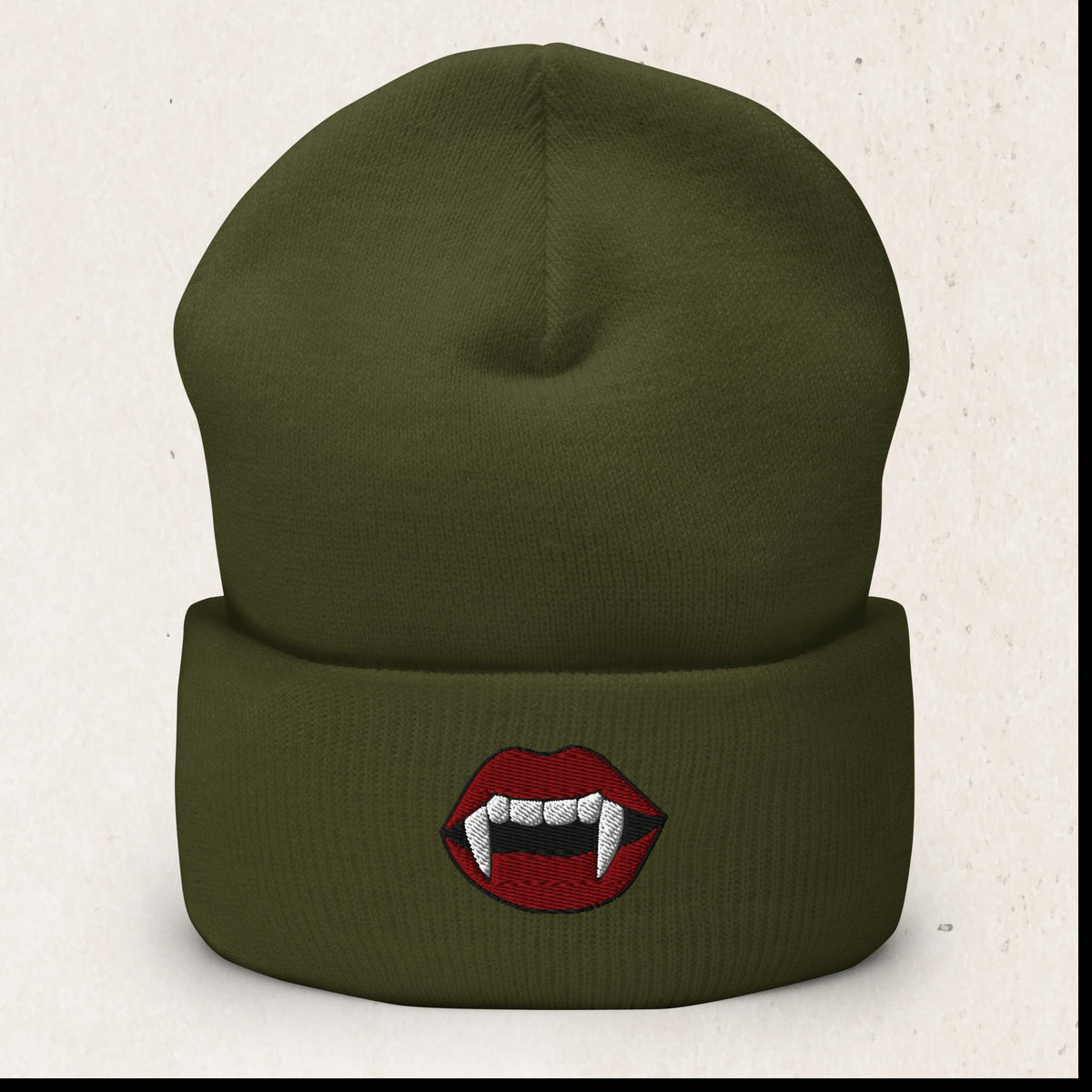 Vampire Fangs Embroidered Beanie – Olive