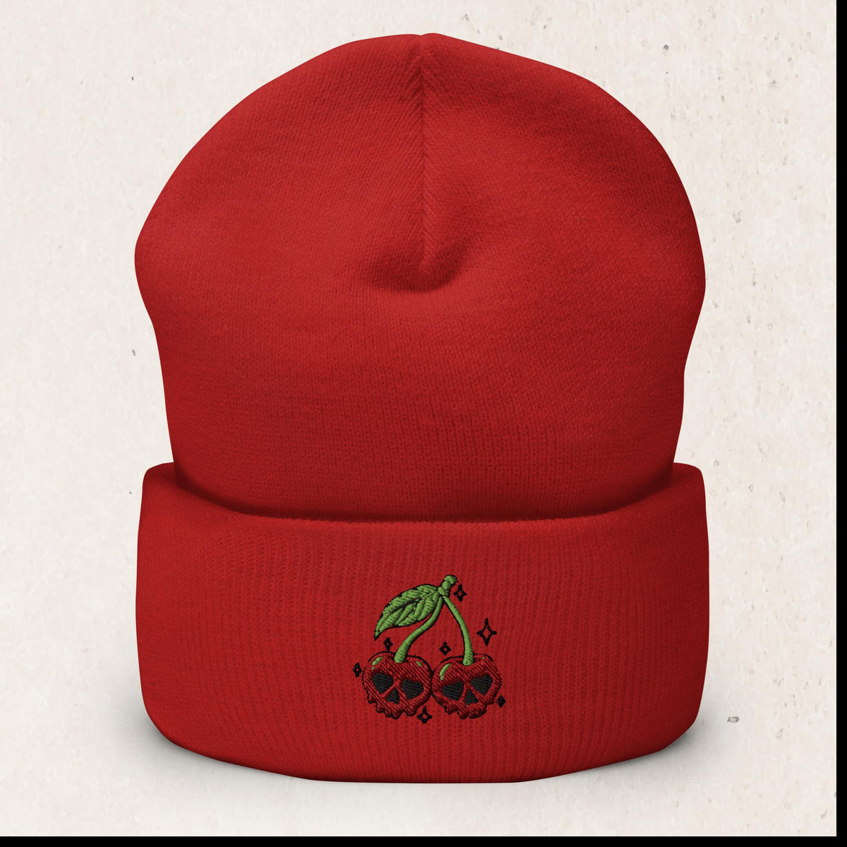 Cherry Skulls Cuffed Beanie – Gothic Knit Hat – Red