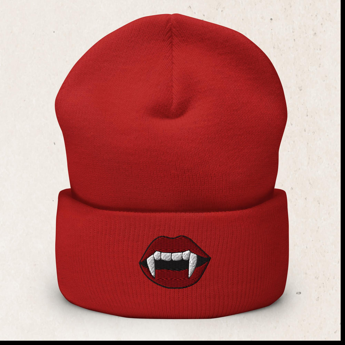 Vampire Fangs Embroidered Beanie – Red