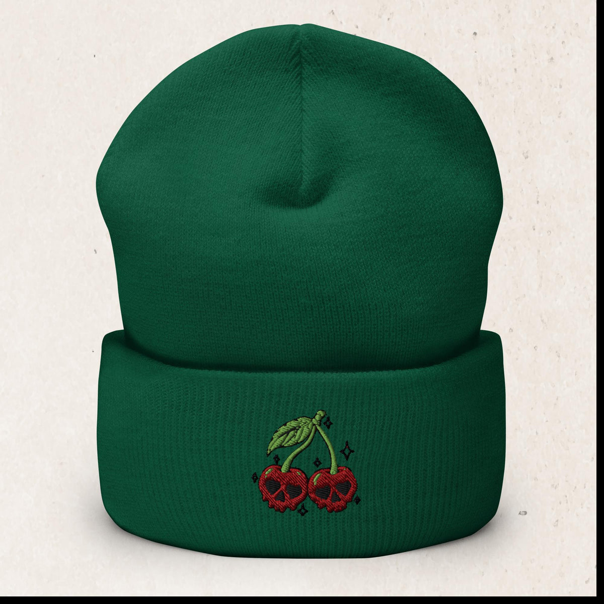 Cherry Skulls Cuffed Beanie – Gothic Knit Hat – Spruce