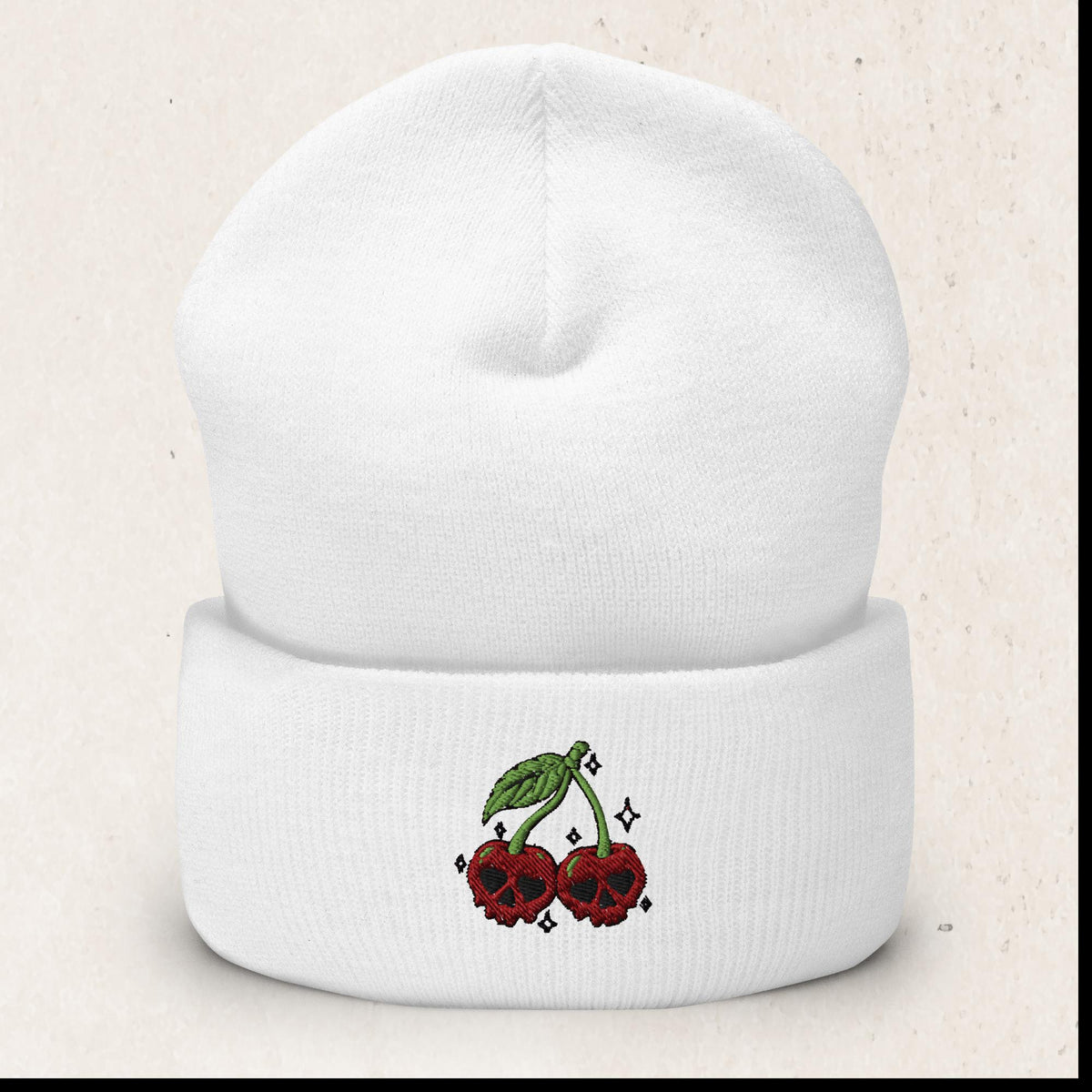 Cherry Skulls Cuffed Beanie – Gothic Knit Hat – White