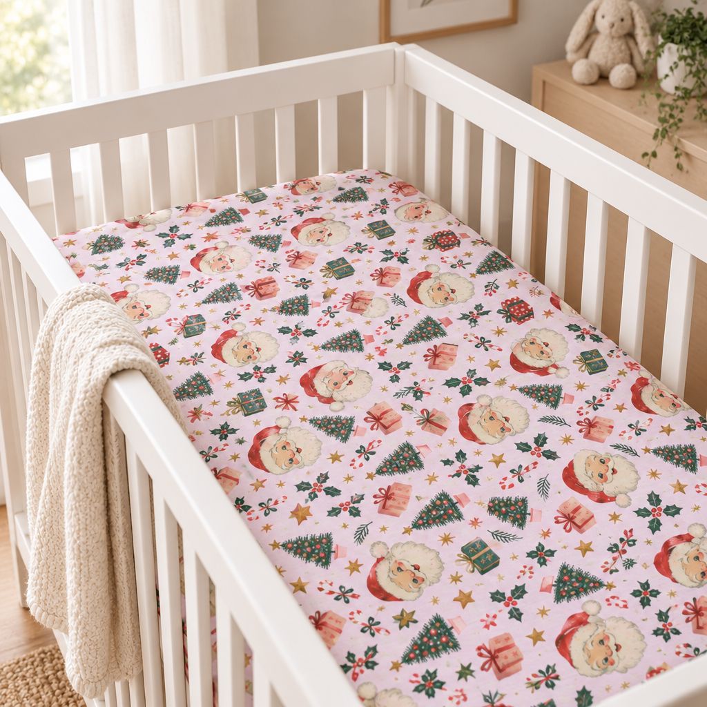 Pink Santa & Christmas Tree Fitted Crib Sheet – Christmas Nursery Bedding