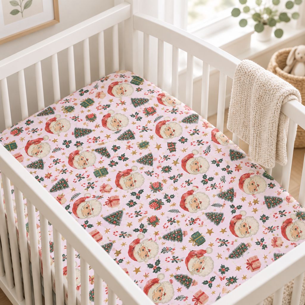 Pink Santa & Christmas Tree Fitted Crib Sheet, alternate view