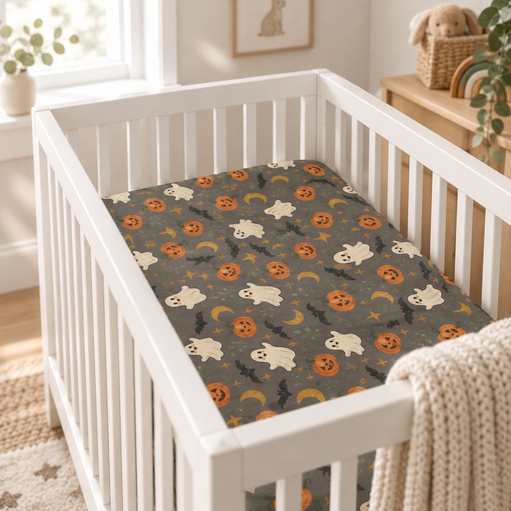 Ghosts, Pumpkins & Bats Fitted Crib Sheet – Halloween Nursery Bedding