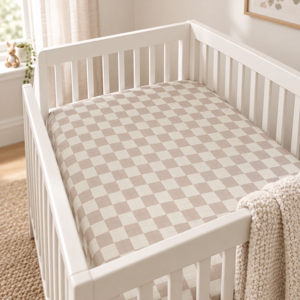 Neutral Beige Checkered Fitted Crib Sheet – Modern Nursery Bedding