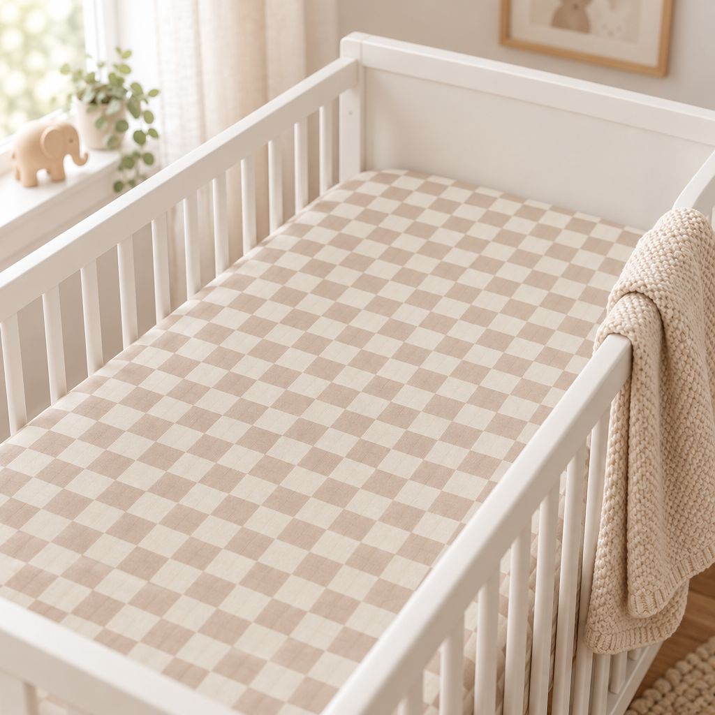 Neutral Beige Checkered Fitted Crib Sheet, alternate view