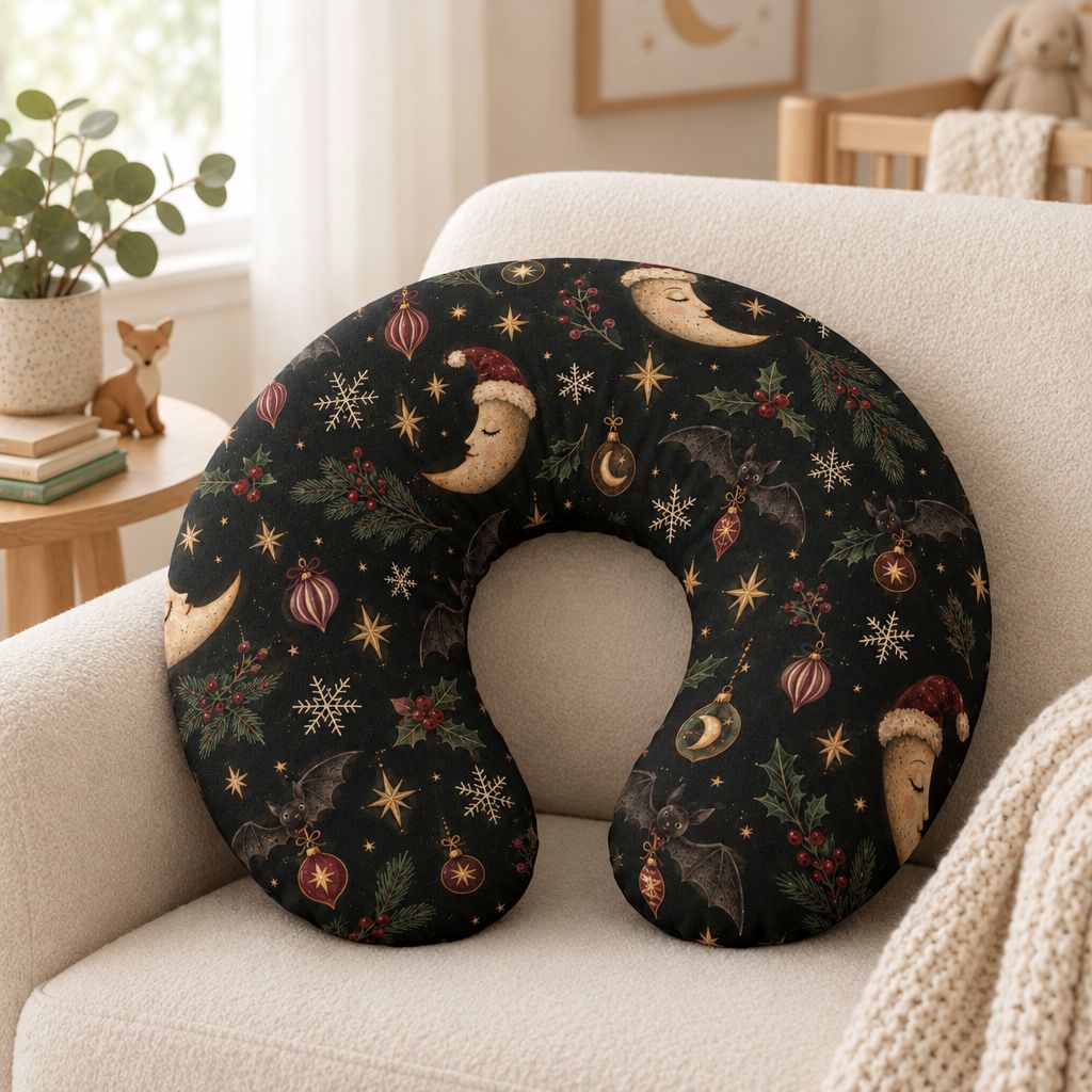 Vintage Christmas Moons Nursing Pillow Cover – Reversible Goth Holiday