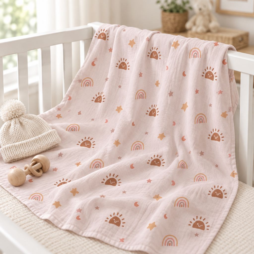 Blush Rainbow & Stars Baby Swaddle Blanket, alternate view