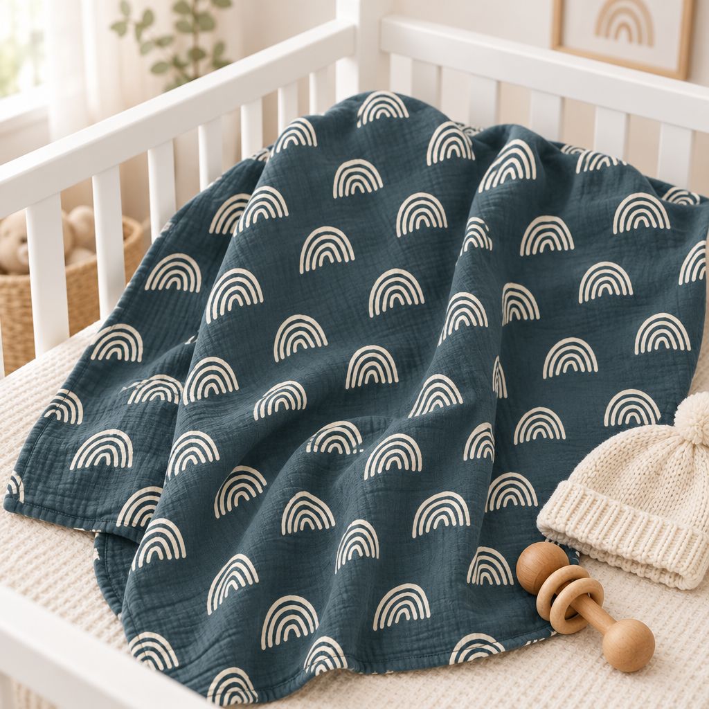 Navy Rainbow Baby Swaddle Blanket – Neutral Boho Wrap