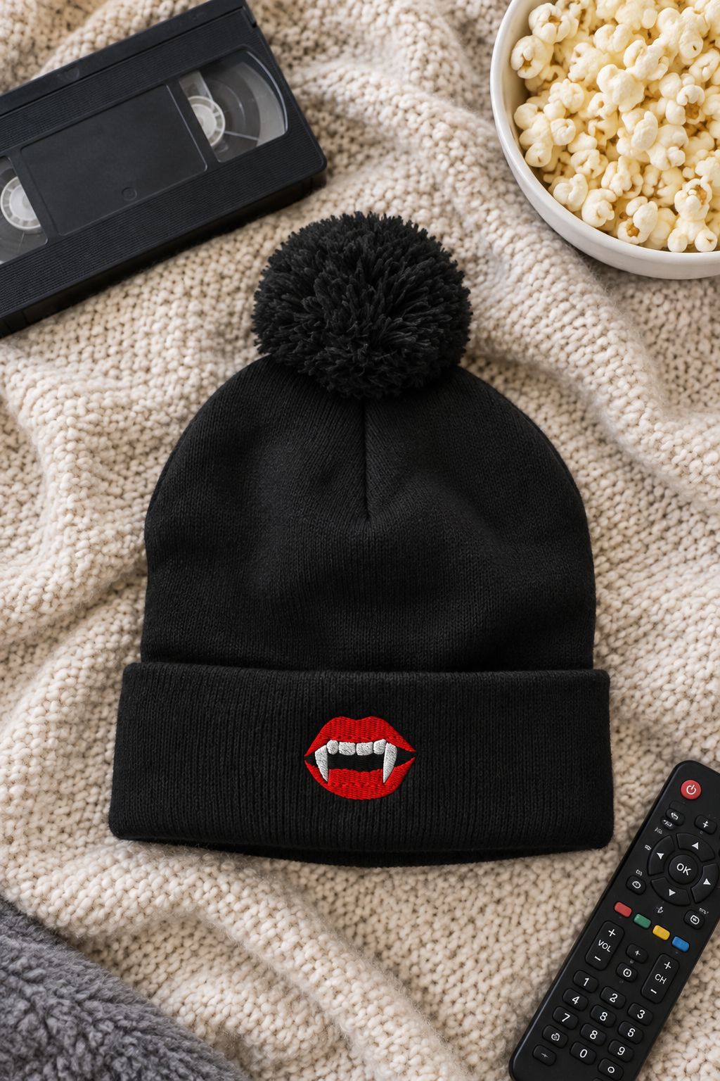 Vampire Fangs Pom-Pom Beanie lifestyle photo