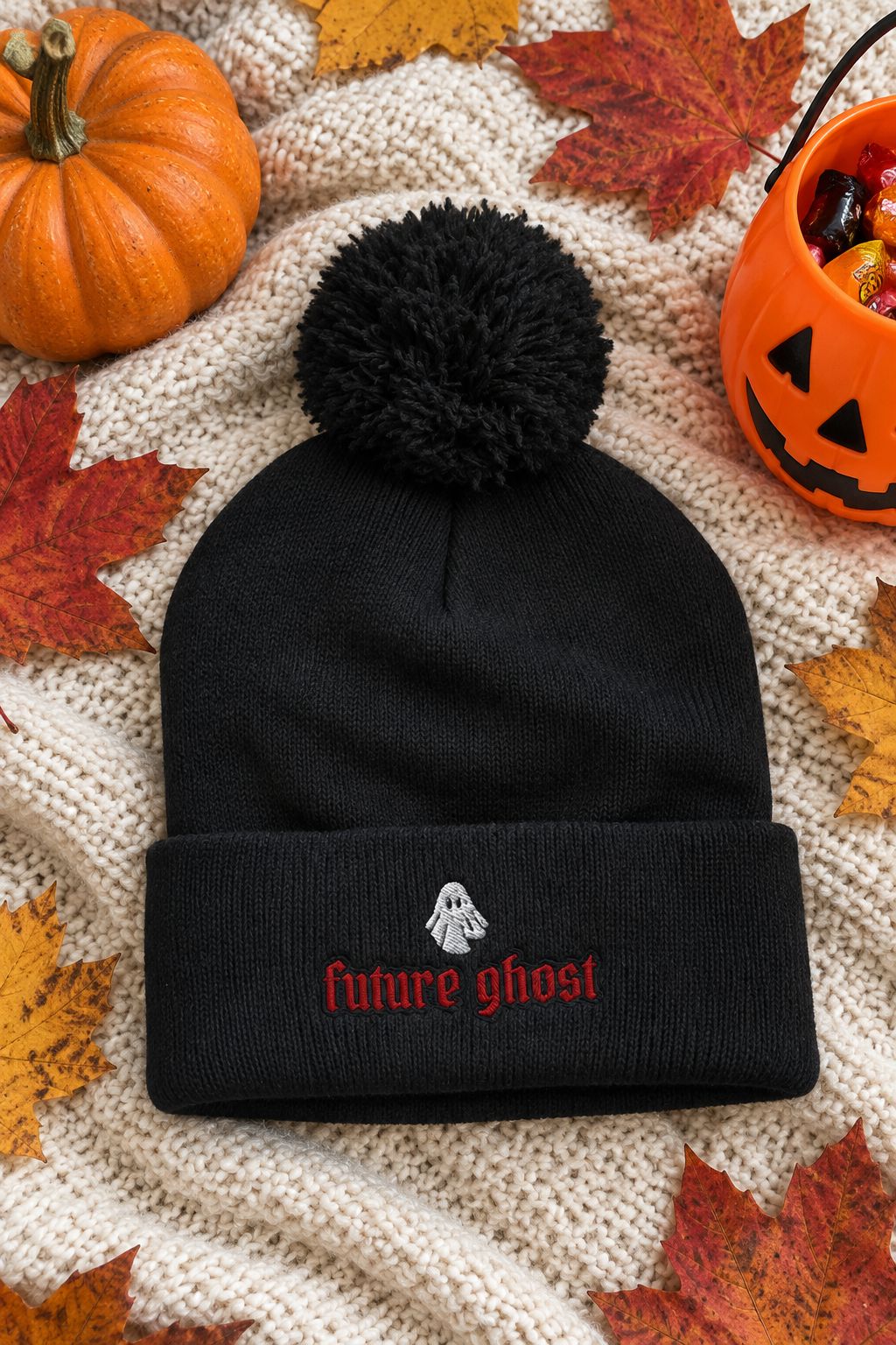 Embroidered Ghost Pom-Pom Beanie lifestyle photo