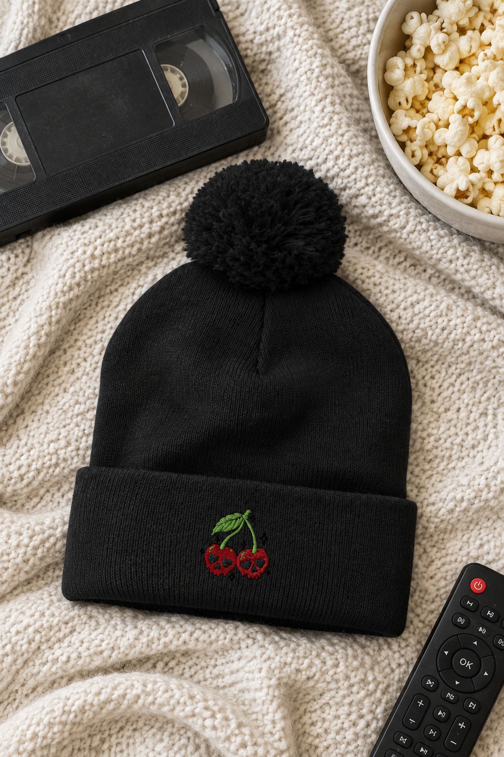 Cherry Skull Embroidered Pom-Pom Beanie lifestyle photo