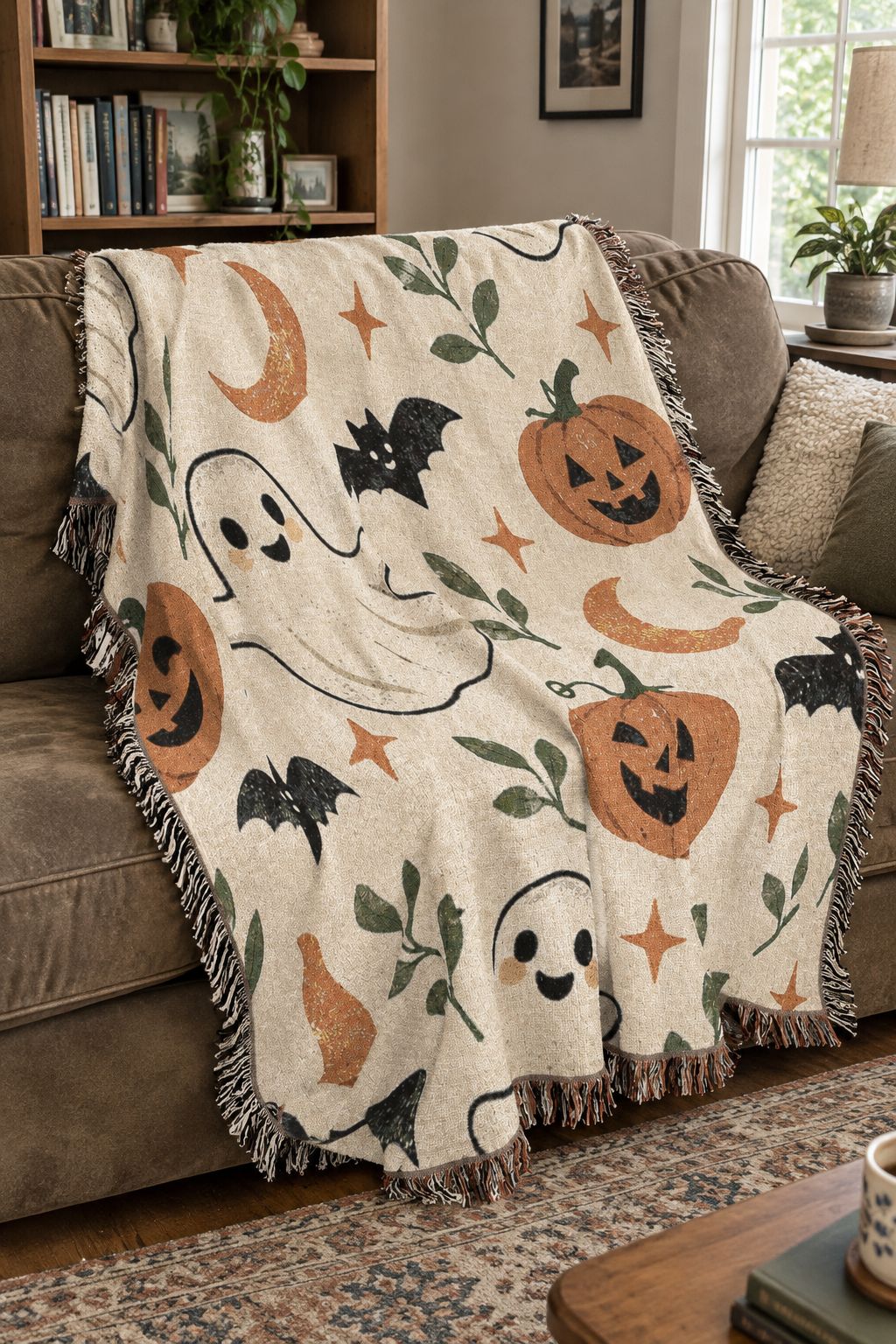 Halloween Ghost & Pumpkin Woven Blanket lifestyle photo