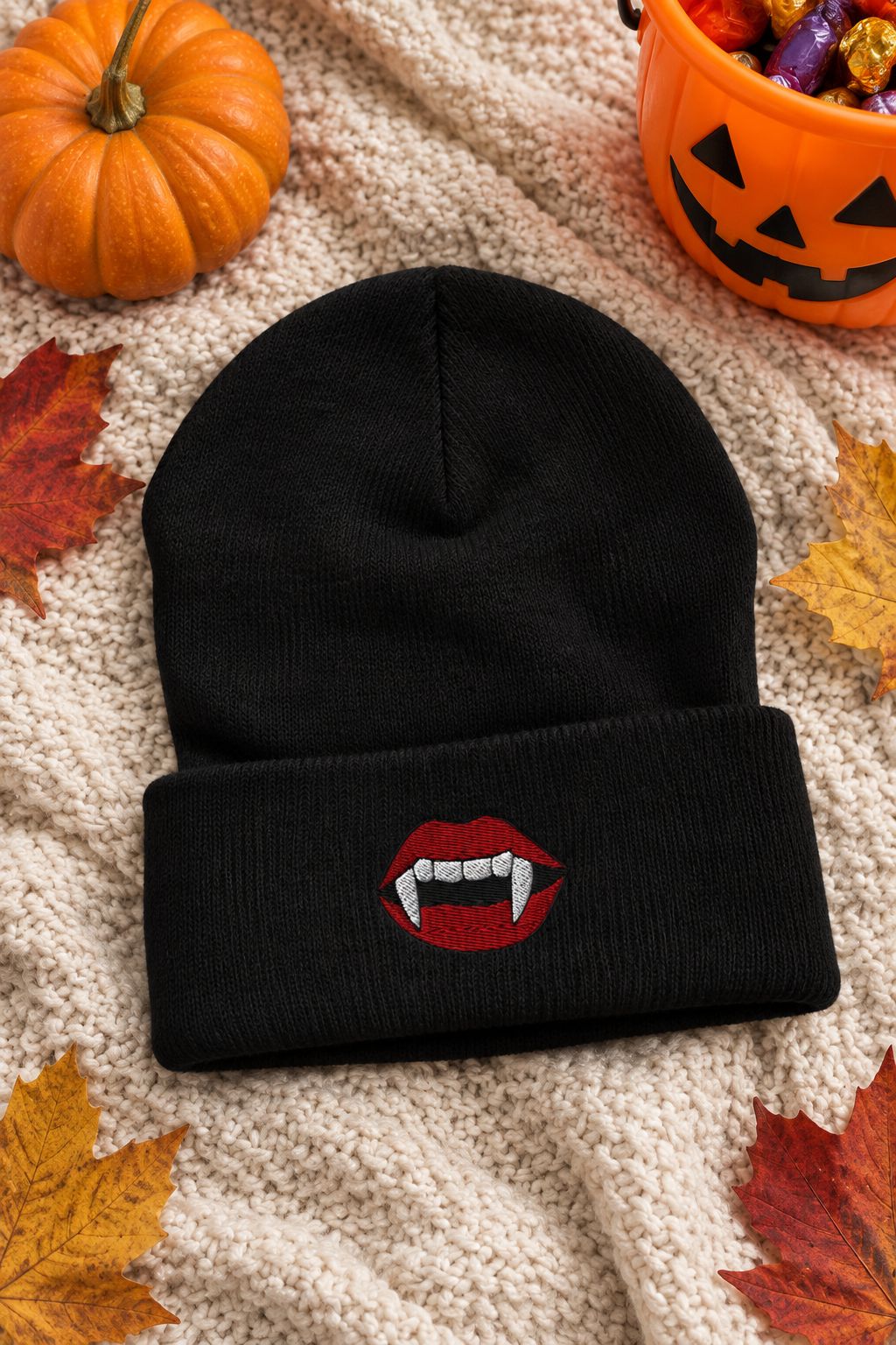 Vampire Fangs Embroidered Beanie lifestyle photo