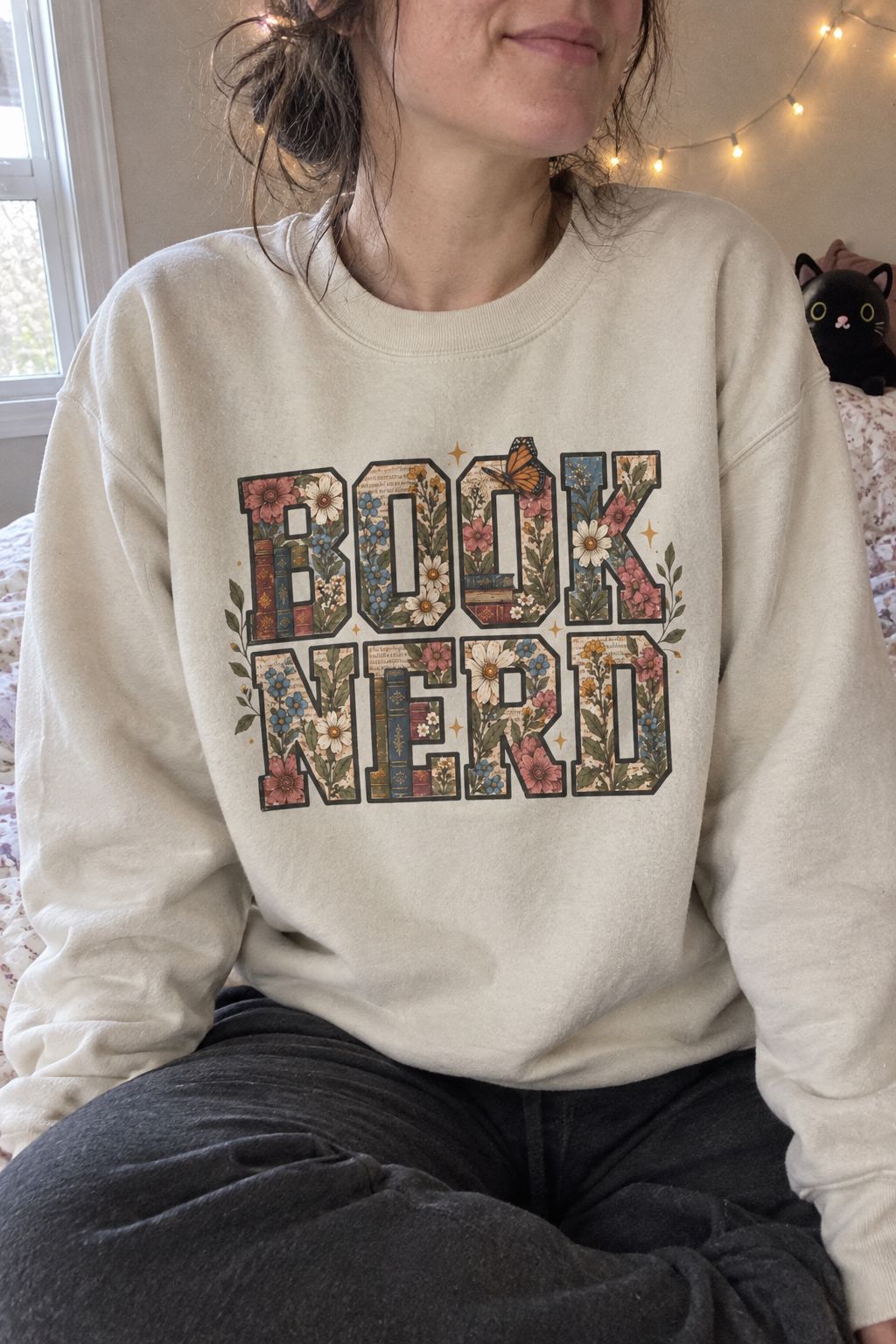 Book Nerd Floral Crewneck Sweatshirt lifestyle photo