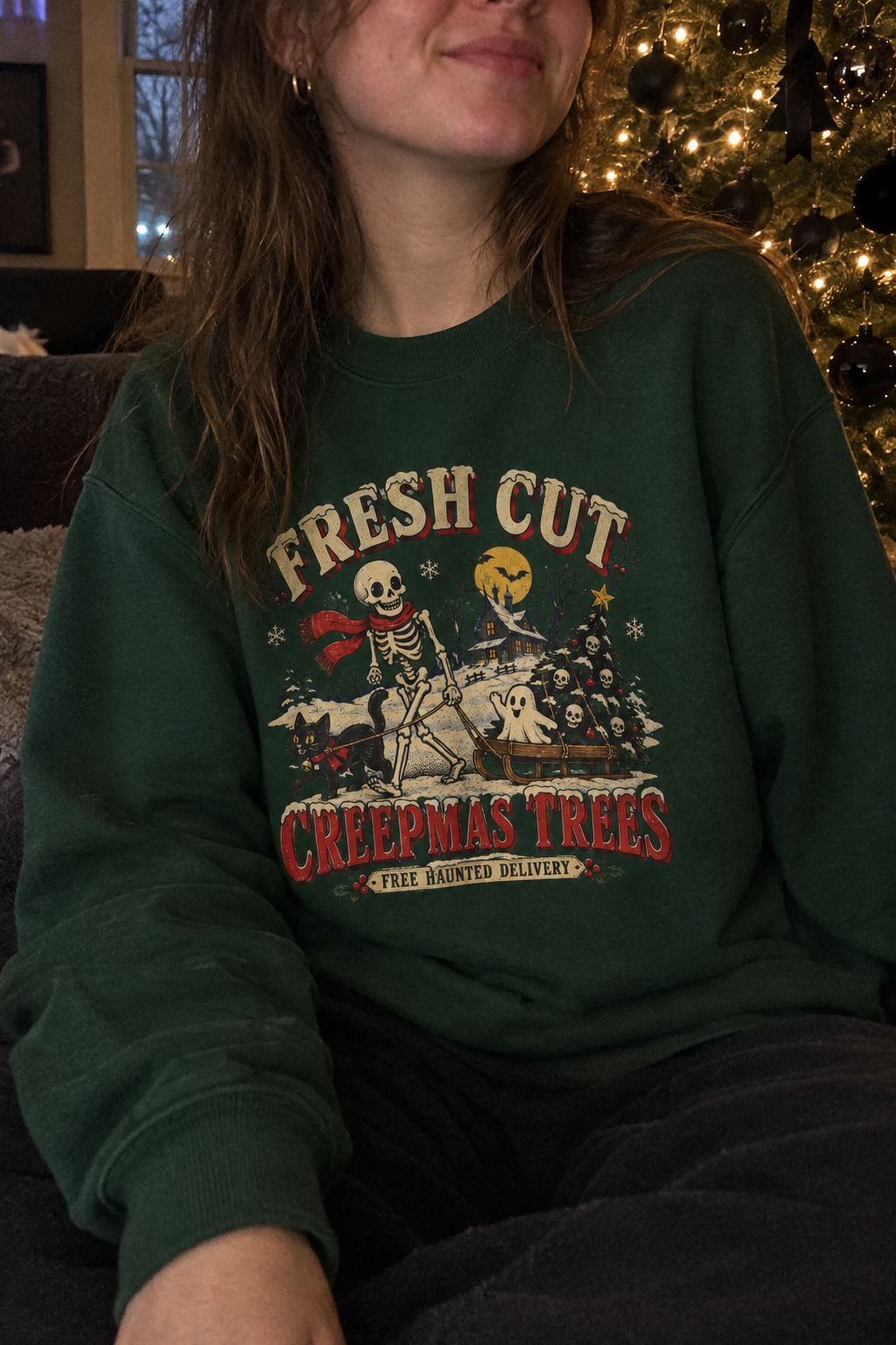 Creepmas Tree Farm Christmas Sweatshirt lifestyle photo