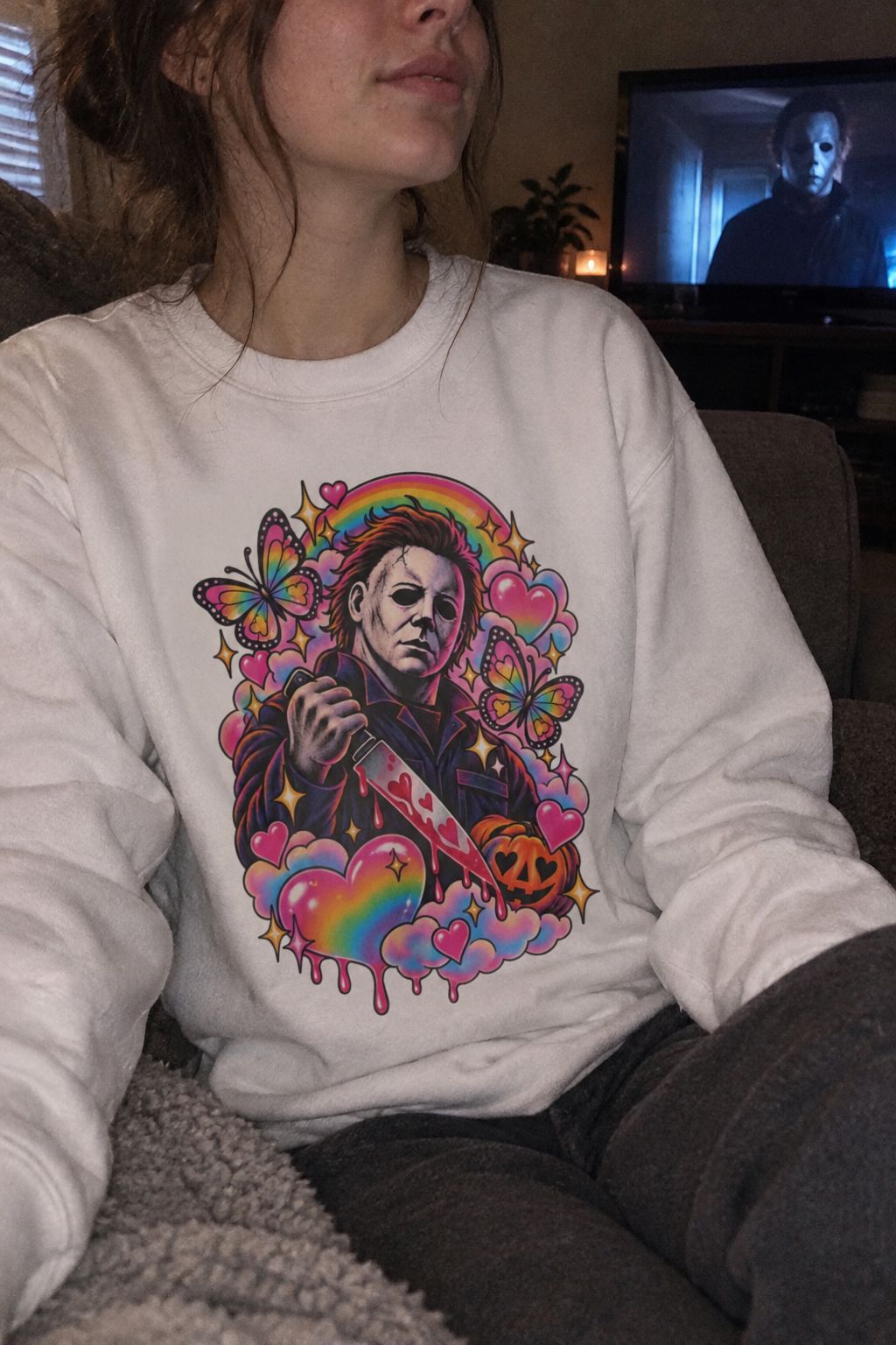 Colorful Michael Myers Horror Heart Crewneck Sweatshirt lifestyle photo