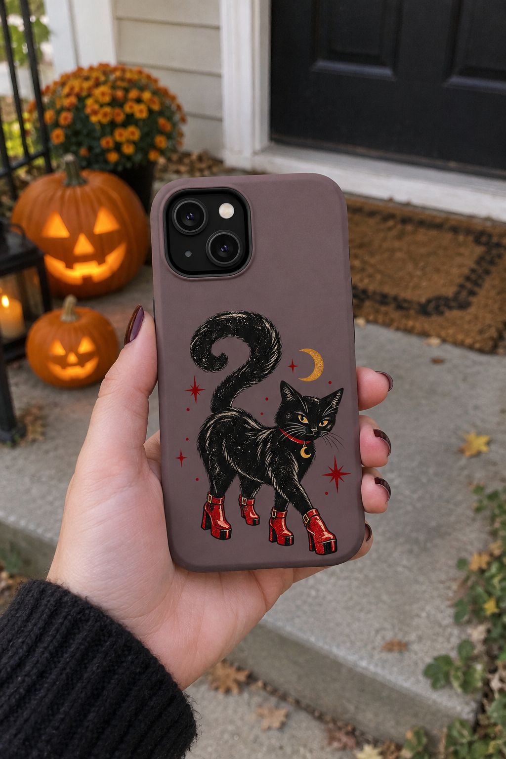 Black Cat in Red Boots MagSafe Phone Case lifestyle photo
