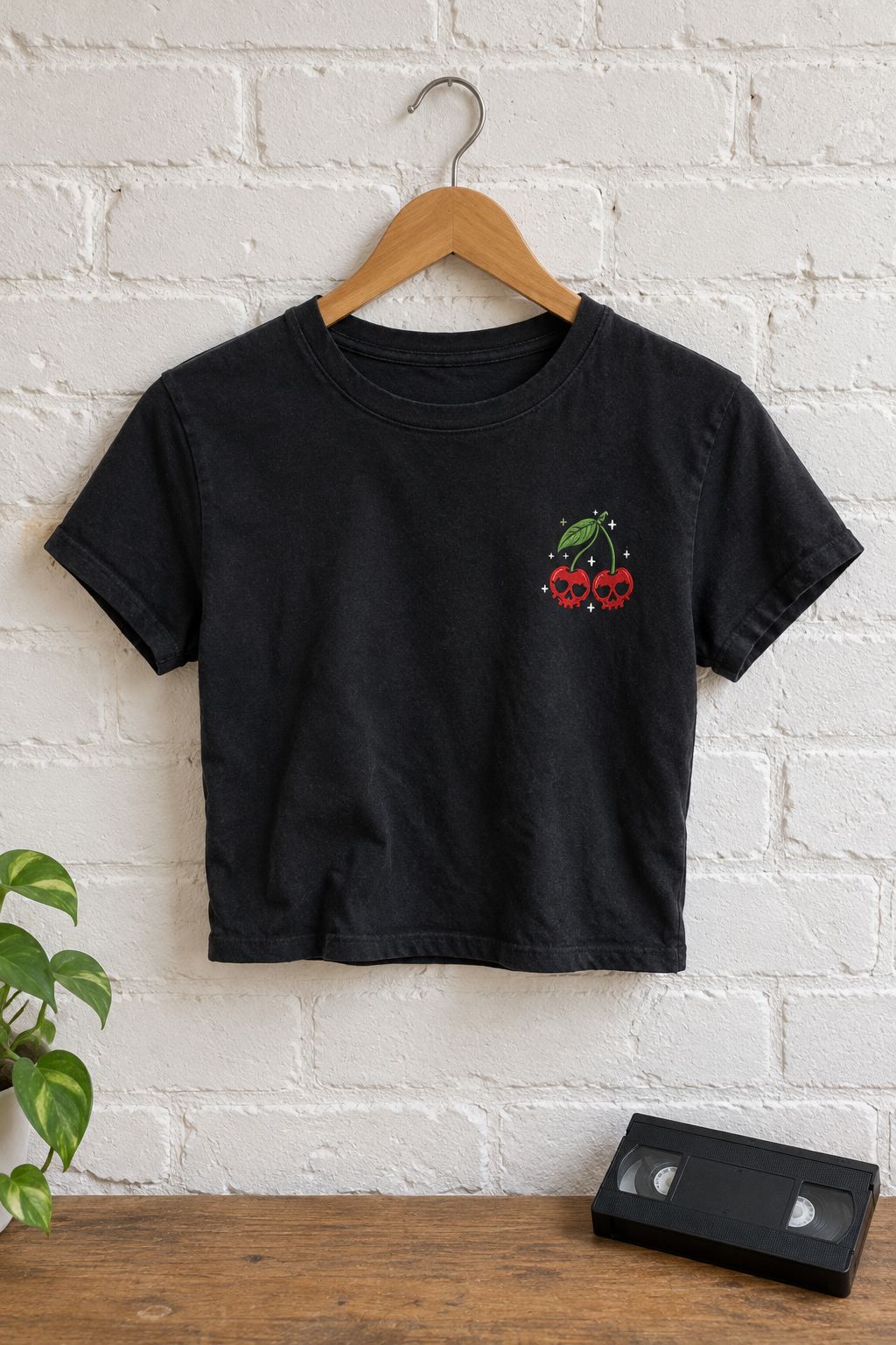 Embroidered Cherry Skulls Baby Tee lifestyle photo