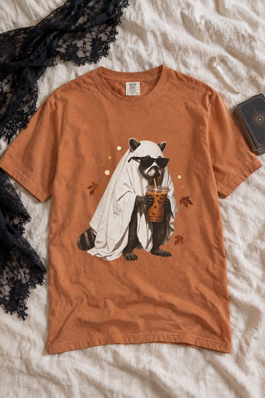 Ghost Raccoon Iced Coffee Tee lifestyle photo